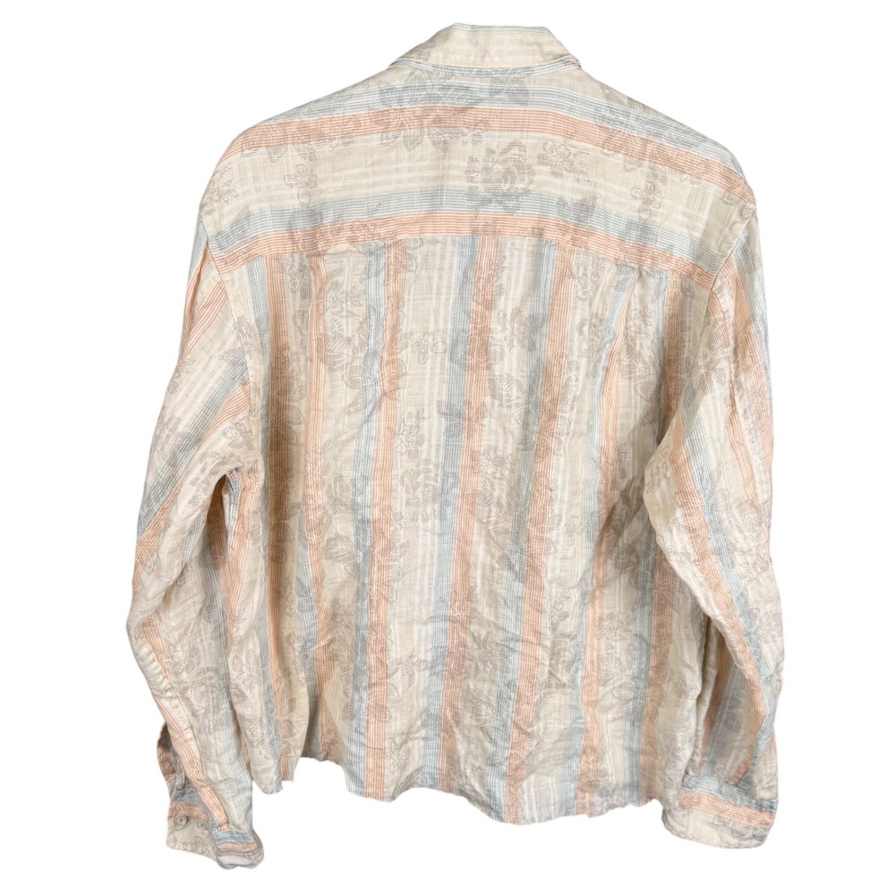Tommy Bahama Mens Medium 100% Linen Striped Floral Long Sleeve Shirt Raw Hem